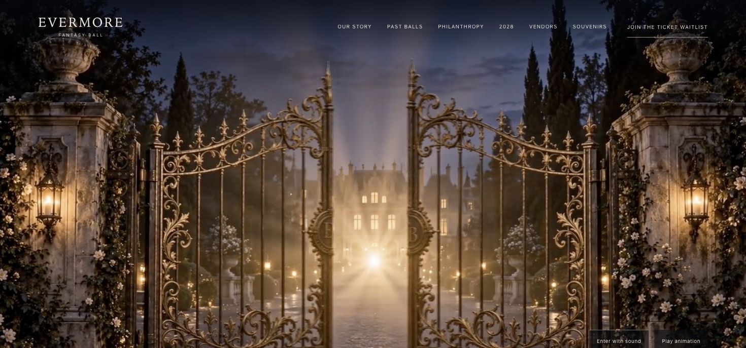 Screenshot of the Evermore Fantasy Ball website