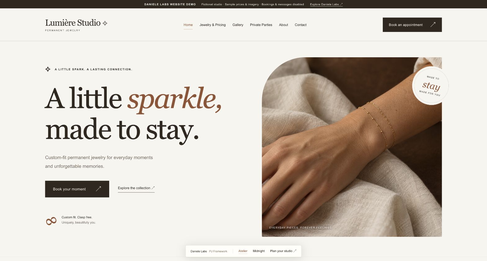 Atelier permanent jewelry website demo with warm ivory colors and gold jewelry