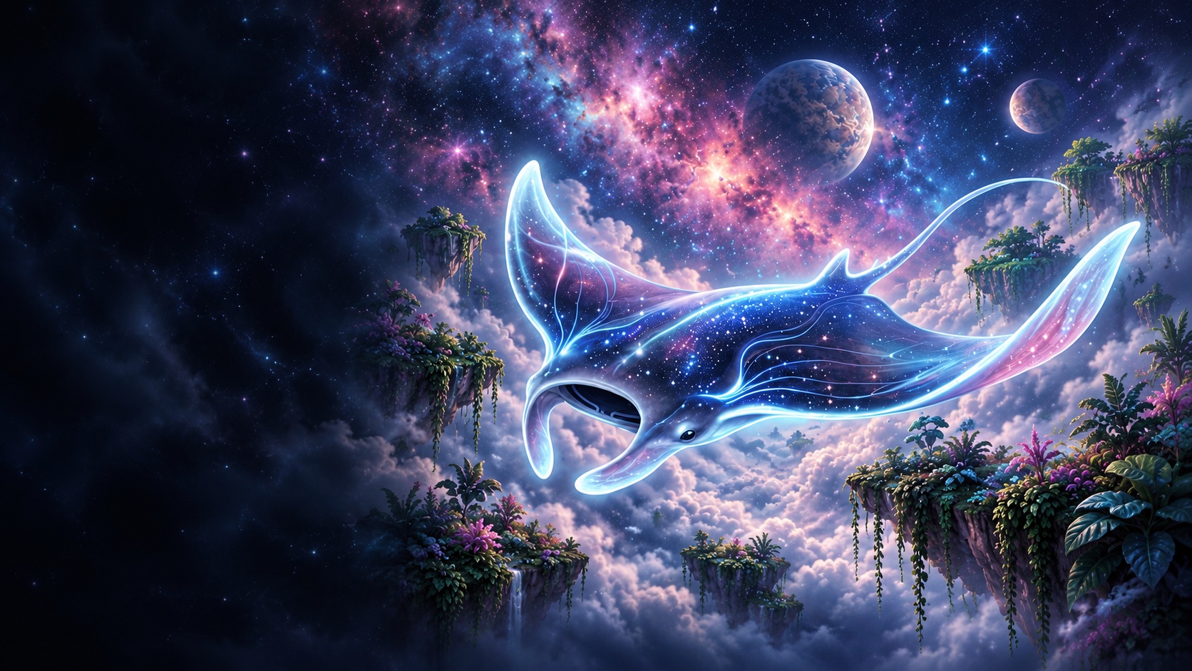 A luminous cosmic manta gliding through blue and rose-colored nebulae