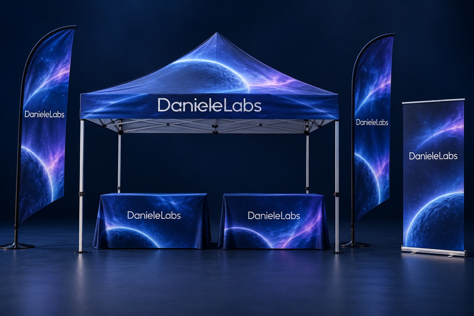 DanieleLabs design concept showing a blue custom canopy, two flags, two tablecloths and a retractable banner