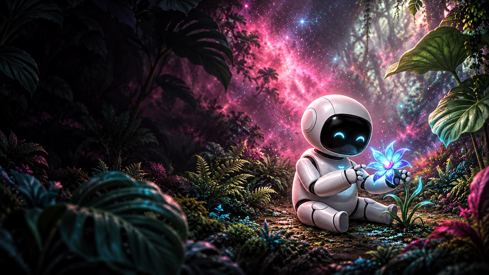 A friendly robot botanist tending a luminous garden