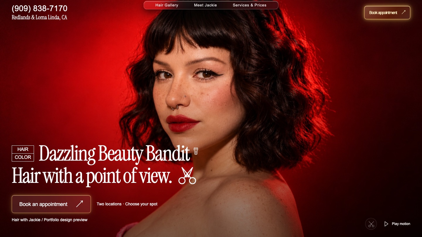 Hair stylist website design with portraits and booking buttons