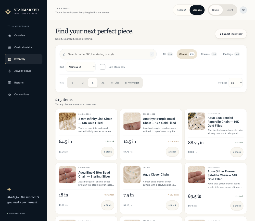 Starmarked Studio inventory with chain photos, stock measurements, search and view options