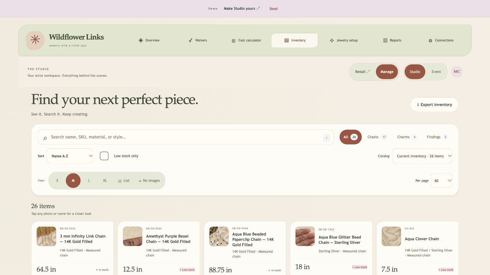 Wildflower Links Studio inventory with warm color and an artistic personality